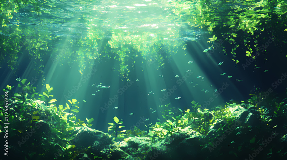 Fototapeta premium A serene underwater scene featuring lush green aquatic plants swaying gently with the current, illuminated by soft sunlight filtering through the water. Lush. Illustration
