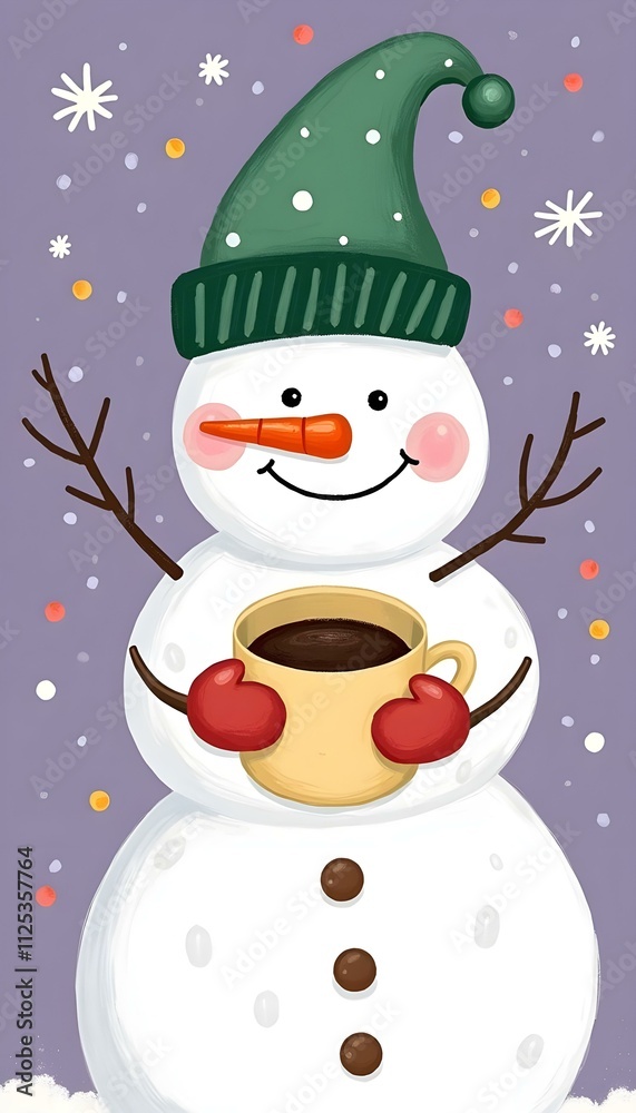 Cute Snowman in Winter Hat with Hot Cocoa Mug Cute Snowman in Winter Hat with Hot Cocoa Mug