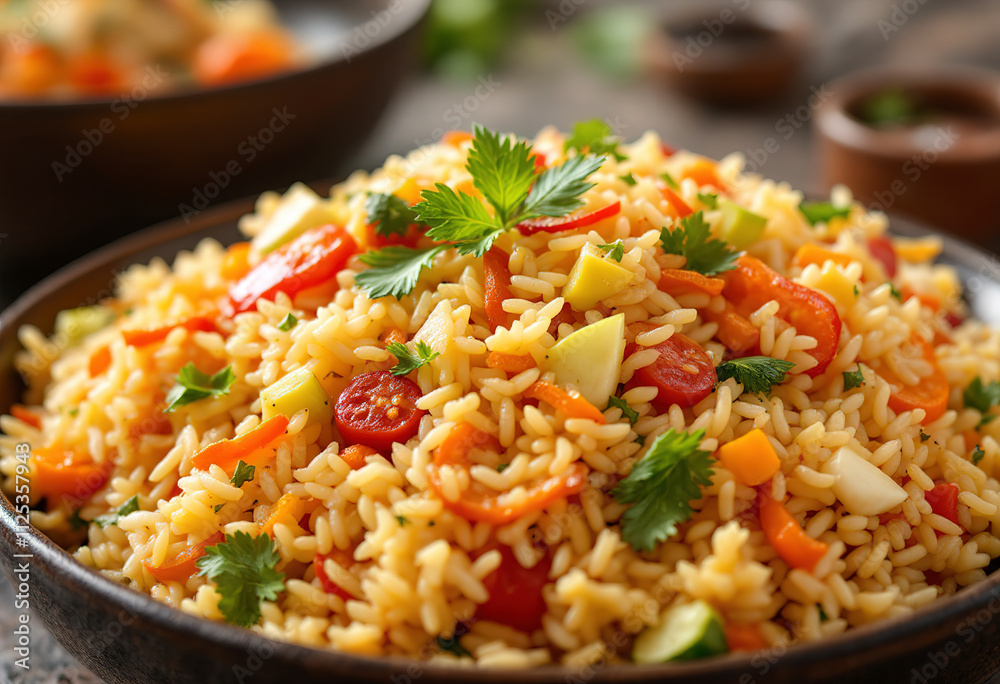 A vibrant and appetizing dish of medium-grain rice mixed with colorful vegetables A vibrant and appetizing dish of medium-grain rice mixed with colorful vegetables