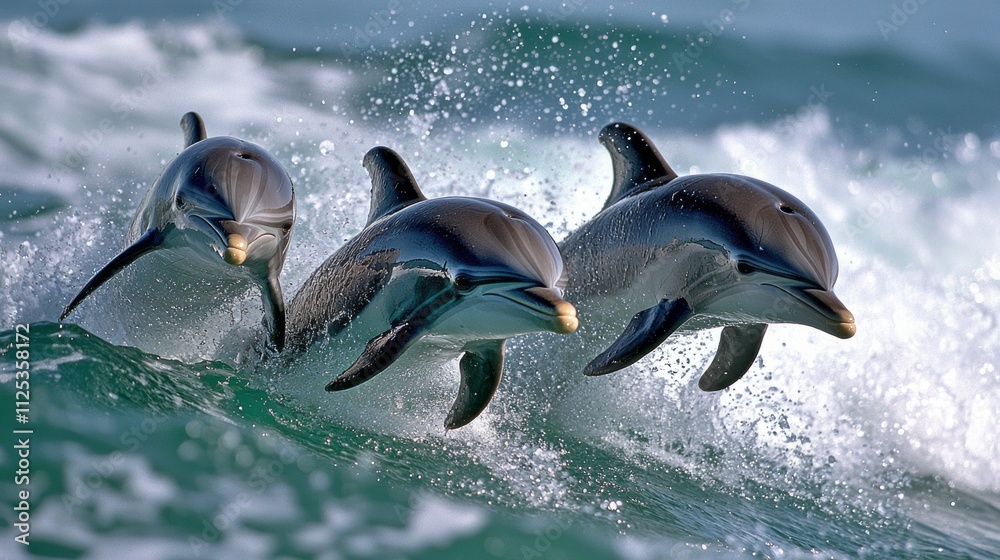 Obraz premium Three stunning dolphins gracefully soar above the turquoise waters, creating a mesmerizing splash as they jump. In this joyful moment, they embrace the vibrancy of marine life