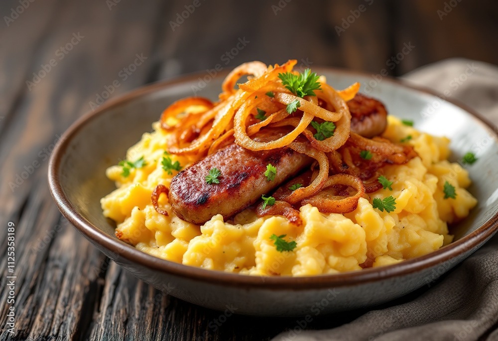 mashed potatoes with fried sausage and fried onions on a dark wooden background mashed potatoes with fried sausage and fried onions on a dark wooden background