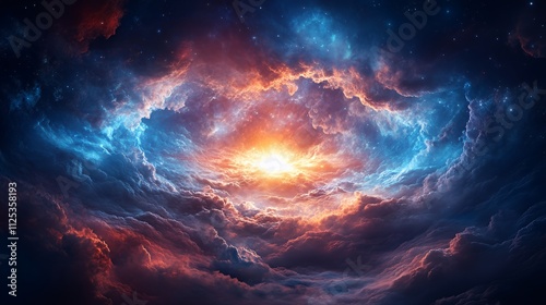 Celestial cloudscape with vibrant colors and a bright central light, resembling a cosmic event or nebula.