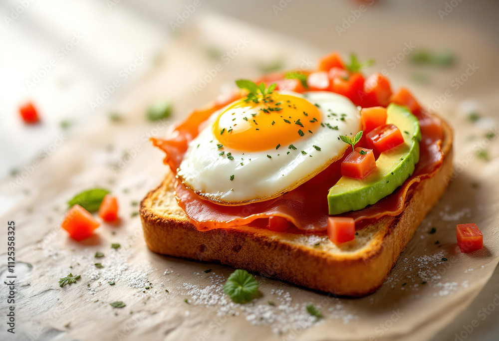 toast bread with a cooked egg, slices of jamon, diced tomatoes, and avocado toast bread with a cooked egg, slices of jamon, diced tomatoes, and avocado