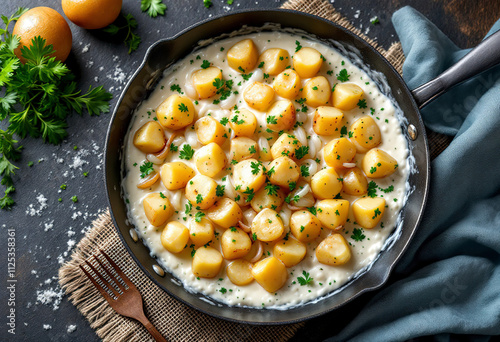 top view a fried potatoes with onions and parsley in a creamy white sauce in a pan