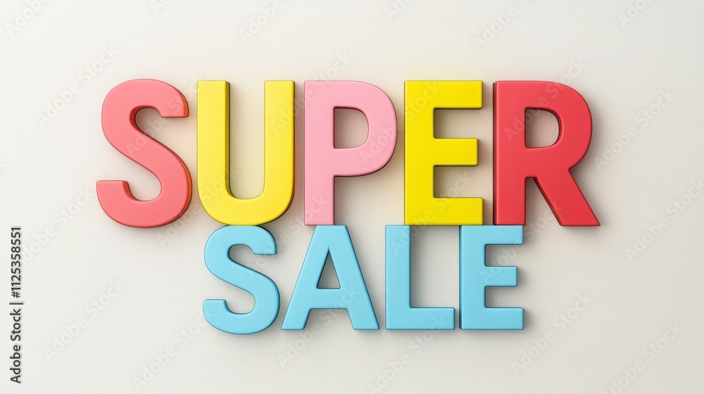 Colorful letters spelling 'SUPER SALE' against a neutral background, perfect for promotional materials and advertising. Colorful letters spelling 'SUPER SALE' against a neutral background, perfect for promotional materials and advertising.