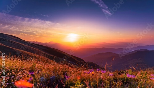 Sunset Majesty: Serene mountain vista at sunset, wildflowers in the foreground, vibrant colors painting the sky. A breathtaking landscape photograph perfect for travel, nature, and serenity themes. photo