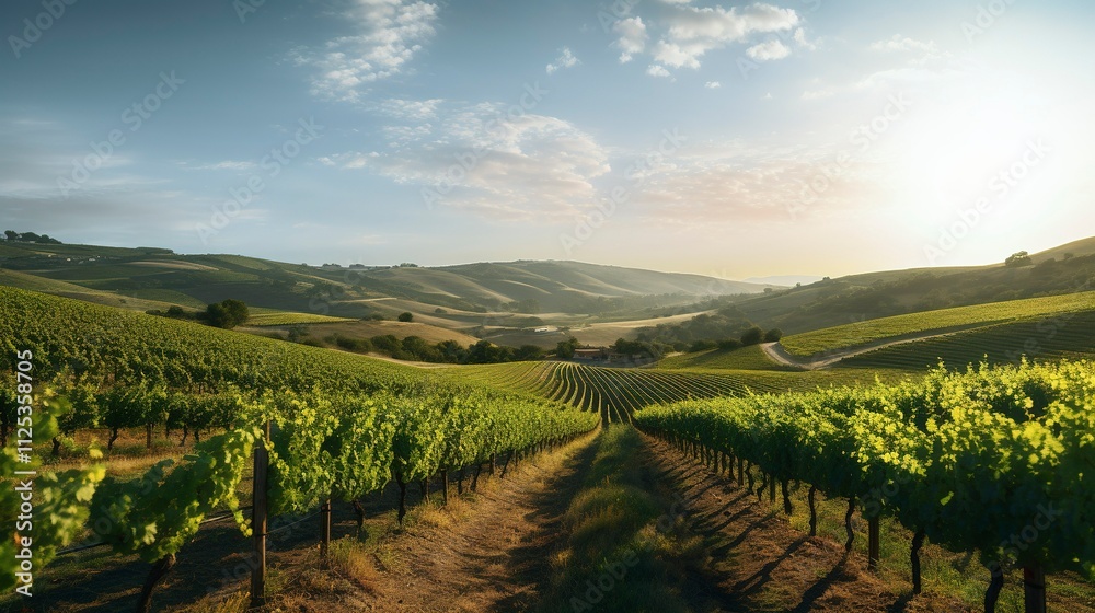 A photo of a vineyard with rows of grapevines A photo of a vineyard with rows of grapevines