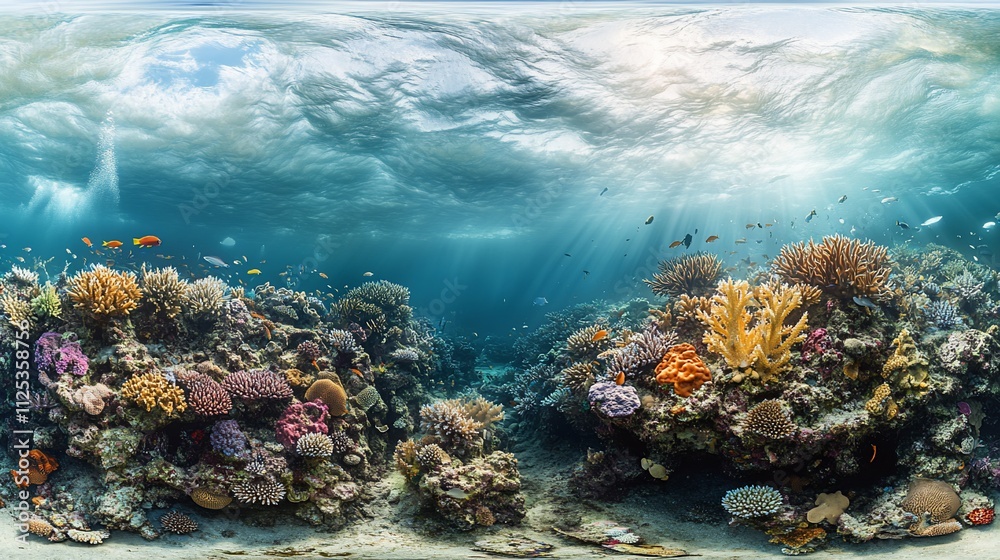 Fototapeta premium Vibrant underwater coral reef panorama with sunbeams.