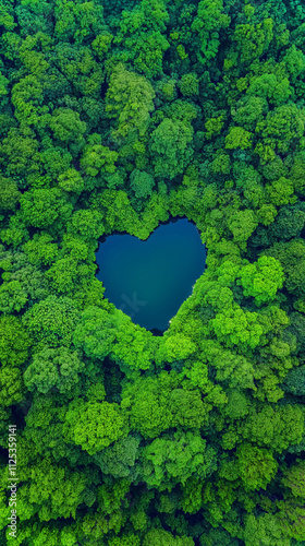 Heart-shaped lake lush green forest canopy aerial view serene natural formation vibrant foliage reflections eco-tourism environmental Valentine's Day Love forest Earth life habitat wallpaper backdrop photo