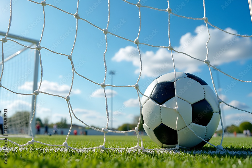 Naklejka premium Classic black and white soccer ball hitting the net, scoring a goal under a bright blue sky