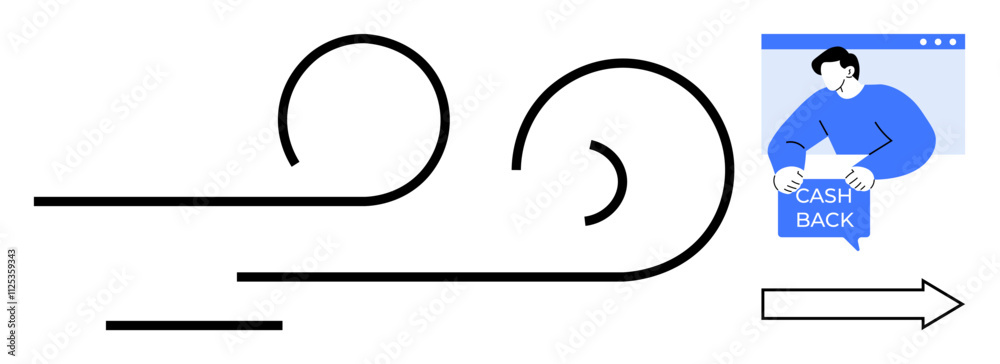 Black spirals with lines and an arrow pointing right. A person holds a cashback sign on a webpage. Ideal for online shopping finance incentives marketing rewards e-commerce. Minimalist vector style