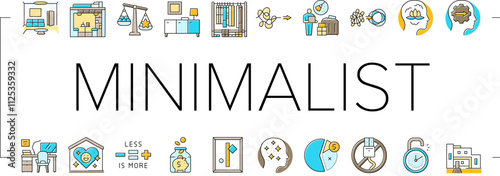 minimalist mind man person icons set vector. functional space, apartment minimal home lifestyle, simplicity modern mindful home minimalist mind man person color line illustrations