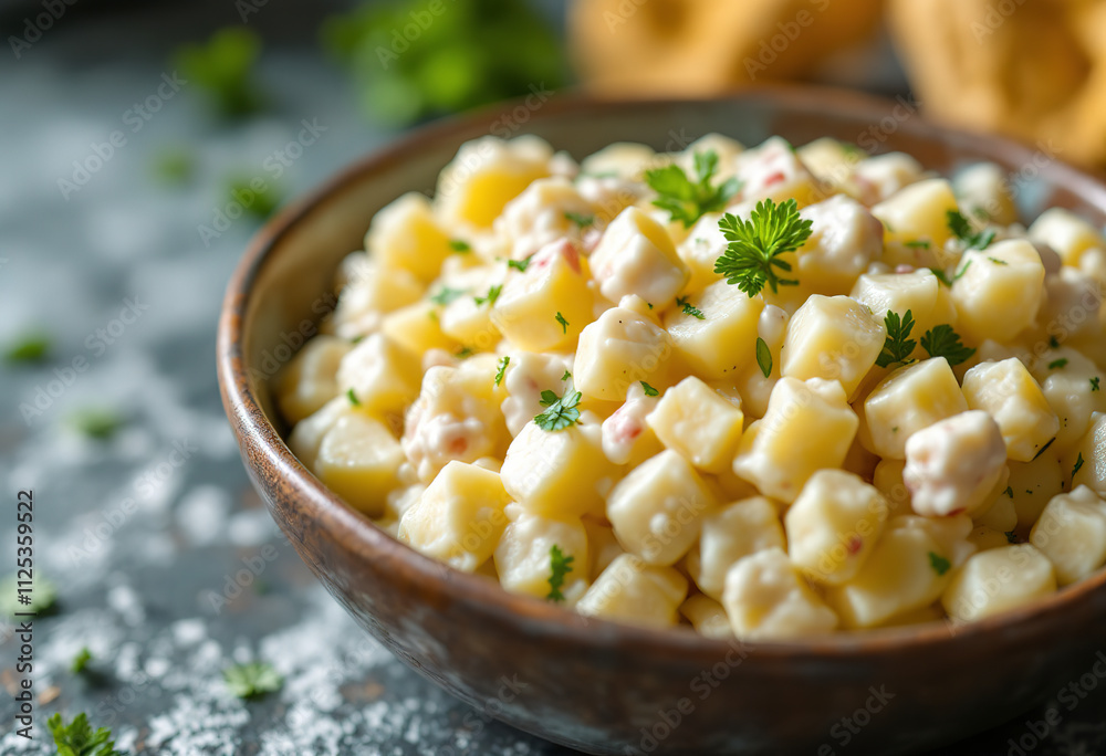 A medium shot of a bowl filled with a creamy potato salad. A medium shot of a bowl filled with a creamy potato salad.