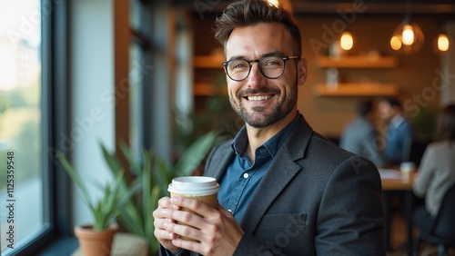 Smiling man in a modern workspace holding a coffee cup with an ambitious look in his eyes