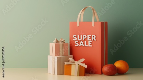 Stylish shopping bag and gift boxes showcasing a super sale on a clean, modern background.
