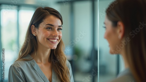 Young woman smiling softly at her reflection in office glass partition, symbolizing self-awareness and positivity