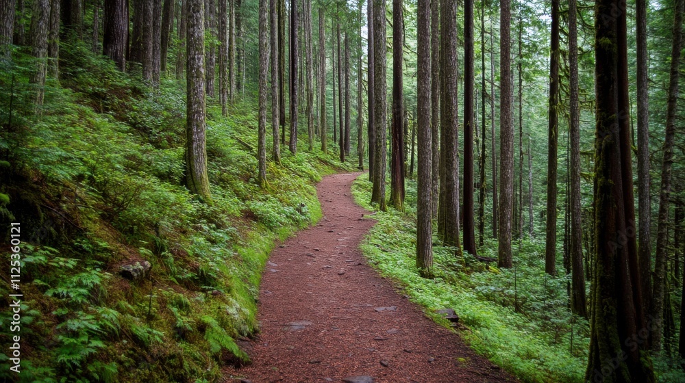 Winding trail through lush, mossy forest. Winding trail through lush, mossy forest.