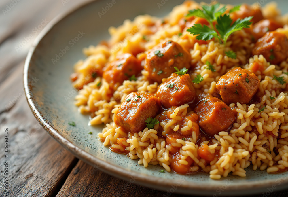 a pilaf with chunks of meat in a sauce on a plate a pilaf with chunks of meat in a sauce on a plate
