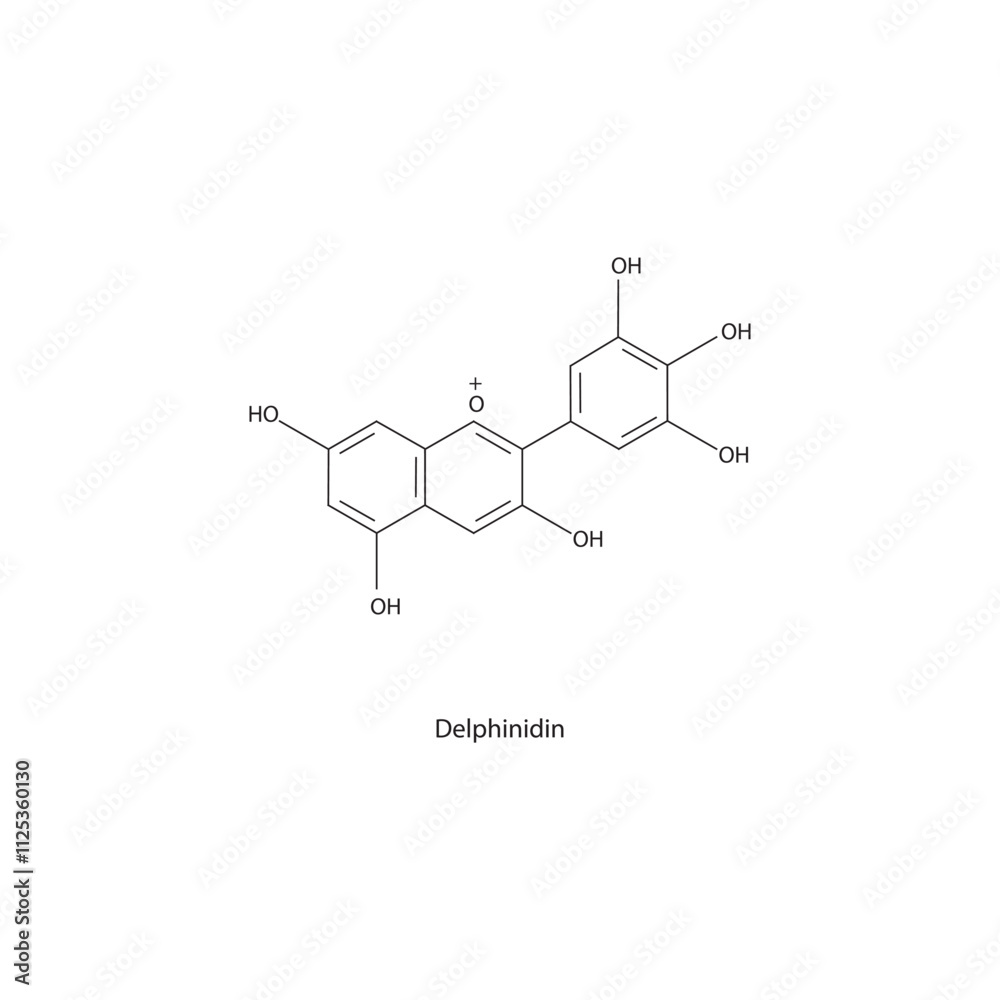 Delphinidin skeletal structure diagram.anthocyanin compound molecule scientific illustration. Delphinidin skeletal structure diagram.anthocyanin compound molecule scientific illustration.