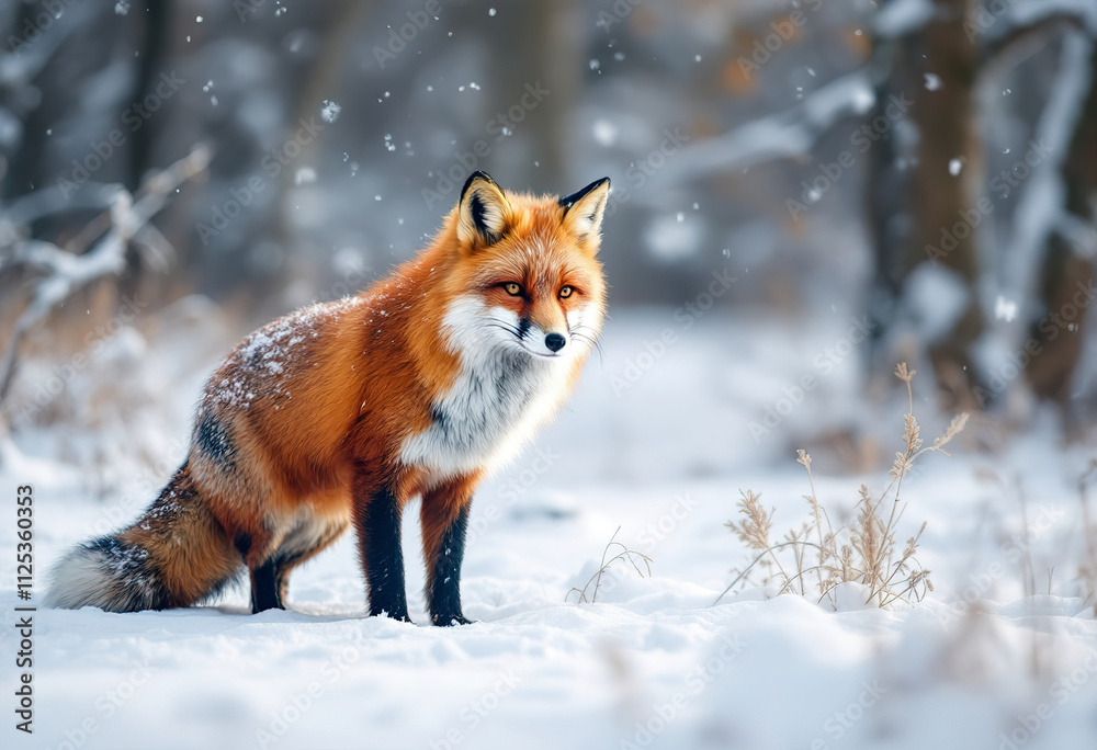 A red fox standing in the snow, with a snowy forest background A red fox standing in the snow, with a snowy forest background