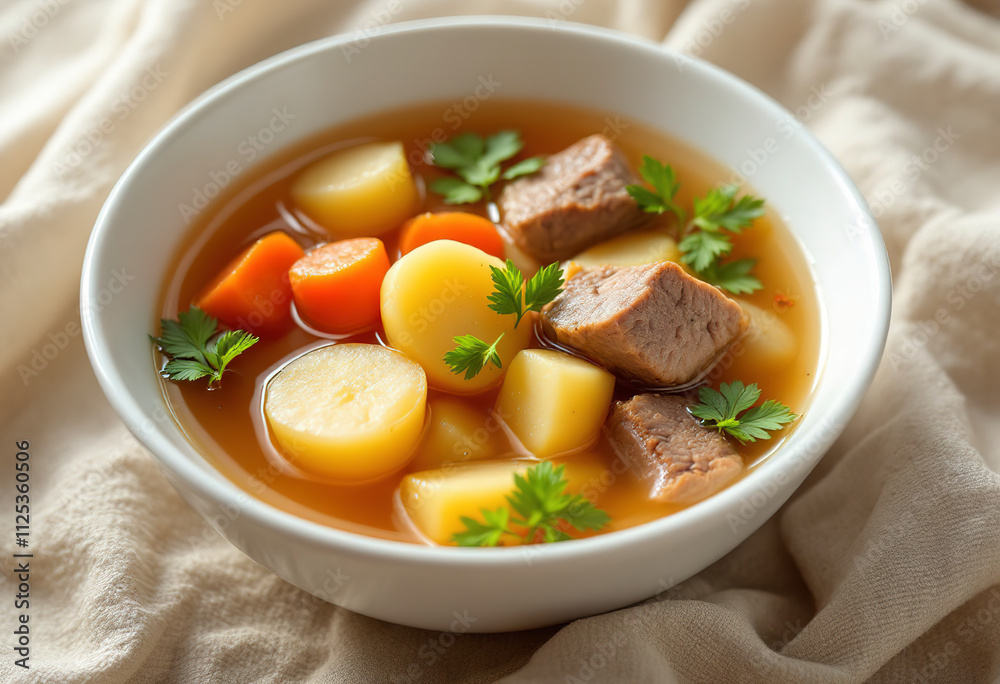 a white bowl containing clear broth with chunks of meat, potatoes, and carrots a white bowl containing clear broth with chunks of meat, potatoes, and carrots