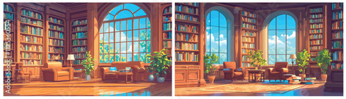 home library background. study with large windows cartoon, books shelves cabinets sofa armchairs flowers summer arch window room vector illustration