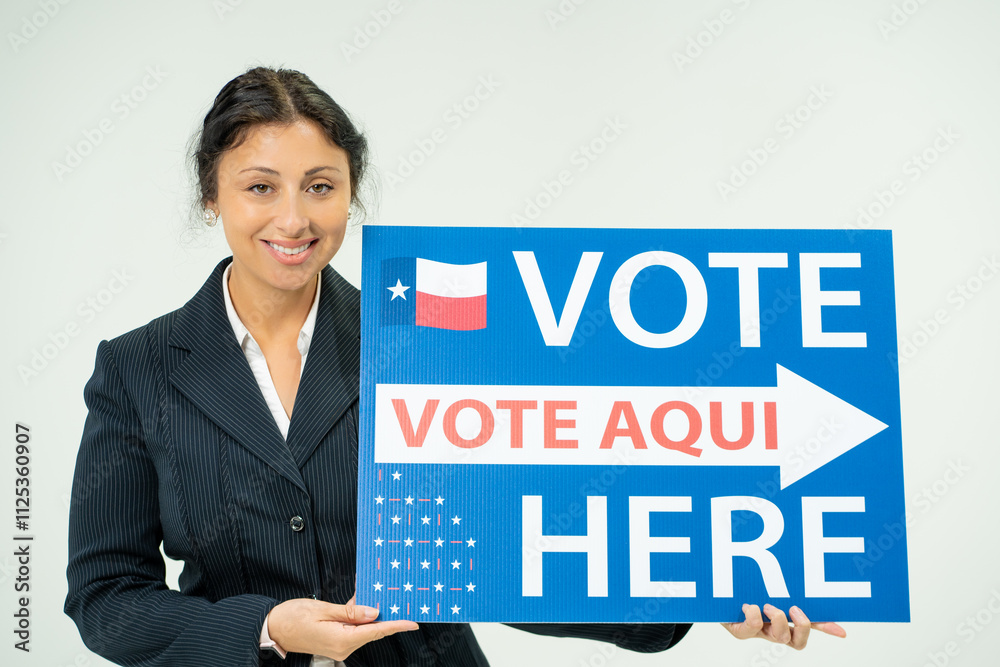 Professional Woman In Suit Holding Up Vote Here, Vote Aqui, Sign and Smiling With Minimalistic White Background Professional Woman In Suit Holding Up Vote Here, Vote Aqui, Sign and Smiling With Minimalistic White Background