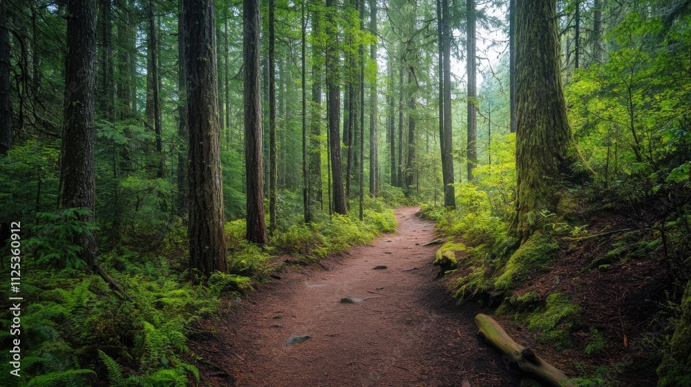 Forest trail path through lush green trees. Forest trail path through lush green trees.