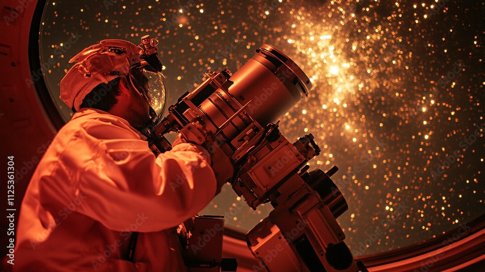 Astronomer gazing at a star-filled sky through a powerful telescope, feeling awe and wonder
Astronomer gazing at a star-filled sky through a powerful telescope, feeling awe and wonder