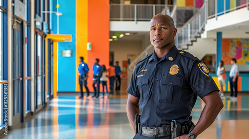 African man police officer standing in colorful modern school hallway with colleagues in background
