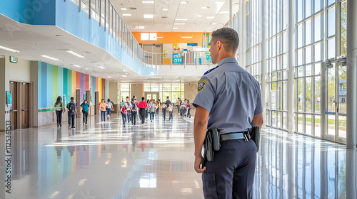 School security officer observing students walking in a bright modern hallway