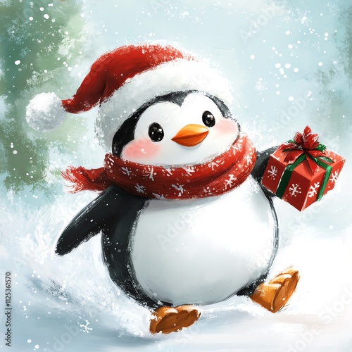 cartoon cute penguin wearing a Santa hat and carrying a gift