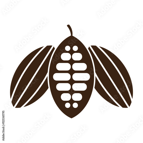Cocoa beans with pods isolated on a white background vector illustration. Cocoa pod. Fresh cocoa fruit, half sliced cacao pod with cacao beans inside. Trendy Flat logo. EPS 10 
