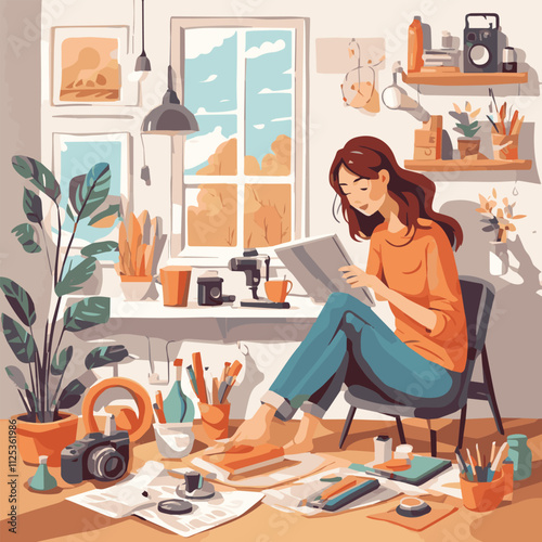 Young woman sitting and relaxing on a retro chair in her living room at home and cute dog sleeping on the floor next to a girl feet. Resting at home concept. Vector illustration flat style.