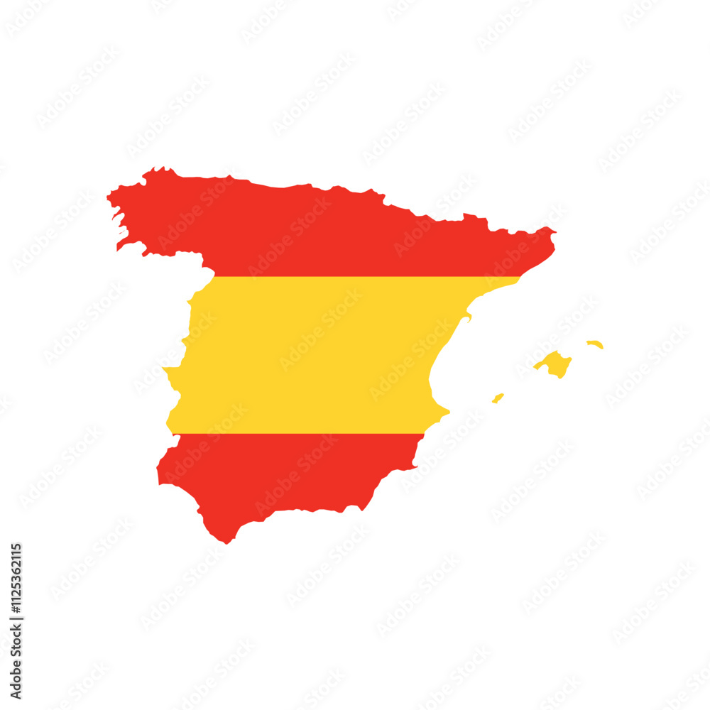Vector illustration of Spain map overlaid with the national flag, highlighting the country's geographic outline combined with its national colors. Vector illustration of Spain map overlaid with the national flag, highlighting the country's geographic outline combined with its national colors.