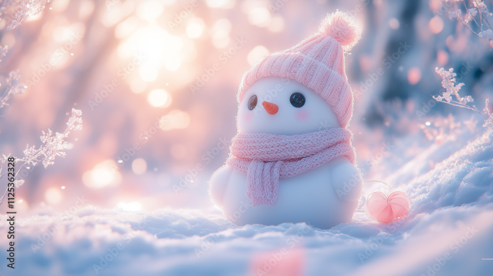 Obraz premium Adorable snowman wearing a pink hat and scarf, glowing softly in a snowy winter landscape