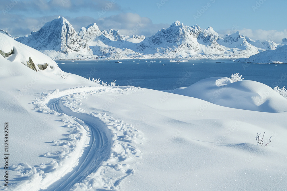 Snow covered landscape with mountains and a serene blue lake Snow covered landscape with mountains and a serene blue lake