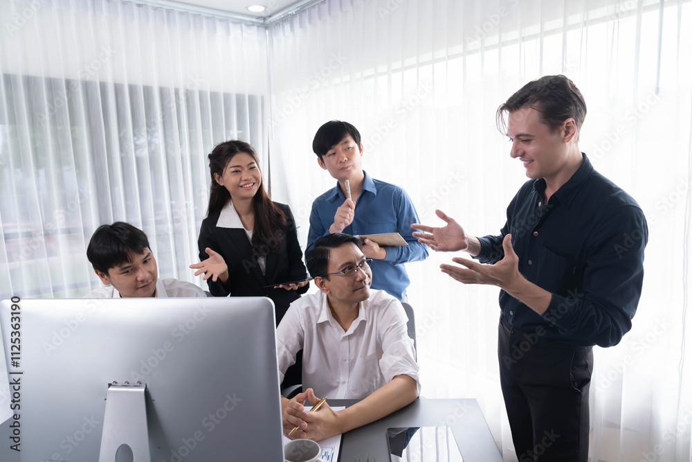 Group of diverse office worker employee working together on strategic business marketing planning in corporate office room. Positive teamwork in business workplace concept. Prudent Group of diverse office worker employee working together on strategic business marketing planning in corporate office room. Positive teamwork in business workplace concept. Prudent