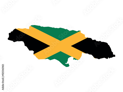 Vector illustration of Jamaica map overlaid with the national flag, highlighting the country's geographic outline combined with its national colors.