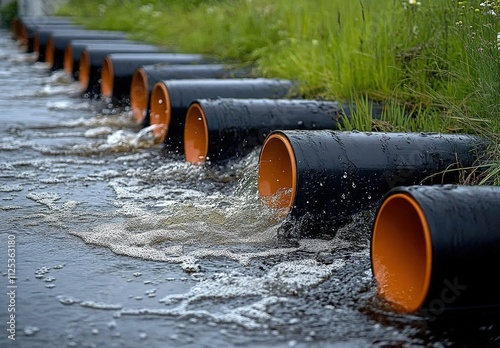 The water in the river is flowing through pipes, and black industrial pipes can be seen at different heights along its length. photo