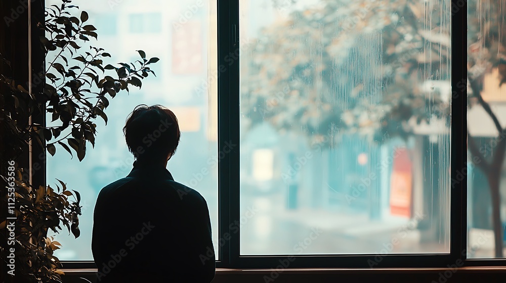 Fototapeta premium A man is sitting in front of a window, looking out at the rain