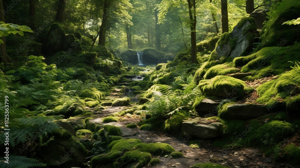 A photo of a woodland garden with ferns and moss-cove
