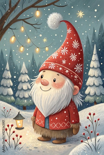 Cute little Scandinavian gnome in a Christmas hat near the Christmas tree in the winter forest. Beautiful vintage postcard hand-drawn in cartoon style.