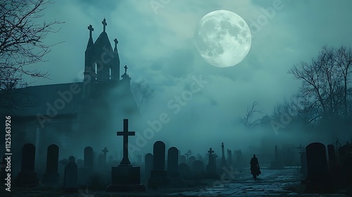 A graveyard with a large moon in the sky photo