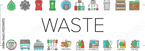 waste sorting garbage plastic icons set vector. trash paper, glass can, metal container, bottle sort, food reuse, segregation bin waste sorting garbage plastic color line illustrations