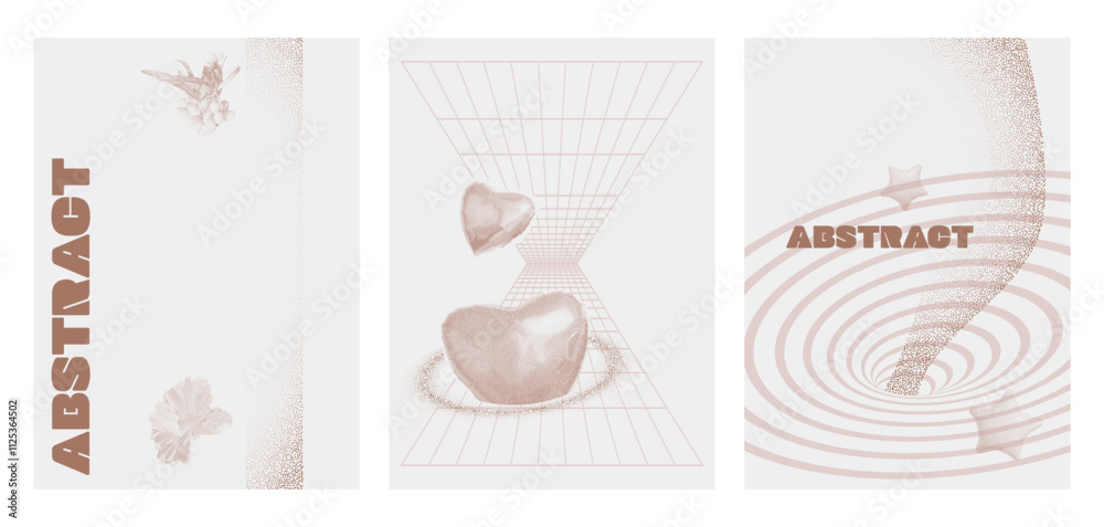 A set of minimalist posters in a trendy style. Abstract y2k elements and harts with a halftone effect, stipple texture. Set of mocha mousse posters.