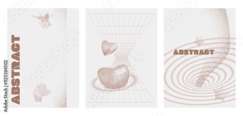 A set of minimalist posters in a trendy style. Abstract y2k elements and harts with a halftone effect, stipple texture. Set of mocha mousse posters.