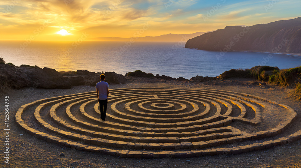 Person walking through a stone labyrinth at sunset overlooking the ocean
Person walking through a stone labyrinth at sunset overlooking the ocean