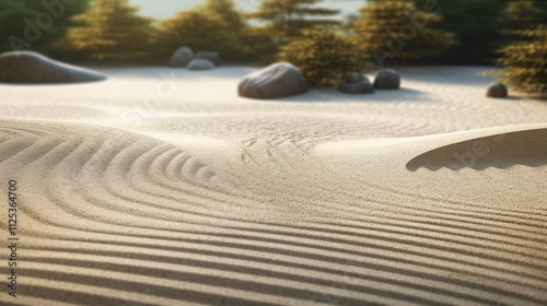 A photo of a zen garden with sand patterns and raked photo