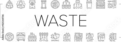waste sorting garbage plastic icons set vector. trash paper, glass can, metal container, bottle sort, food reuse, segregation bin waste sorting garbage plastic black contour illustrations
